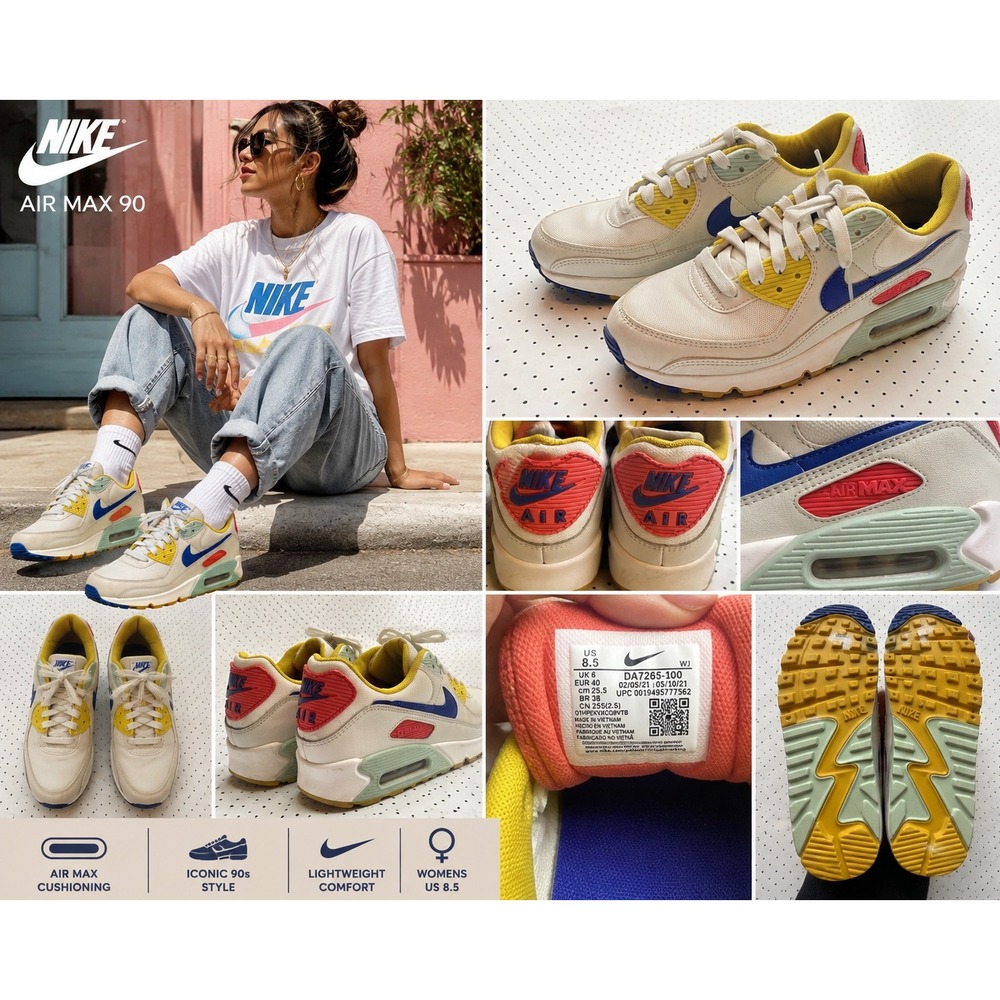 Nike Air Max 90 Womens 8.5 Cream Blue Yellow Pink Colorblock DA7265-100 Sneaker